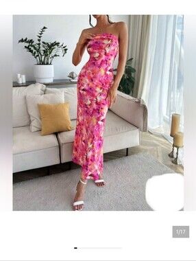 Shein hot pink tropical floral maxi strapless vacy dress size L